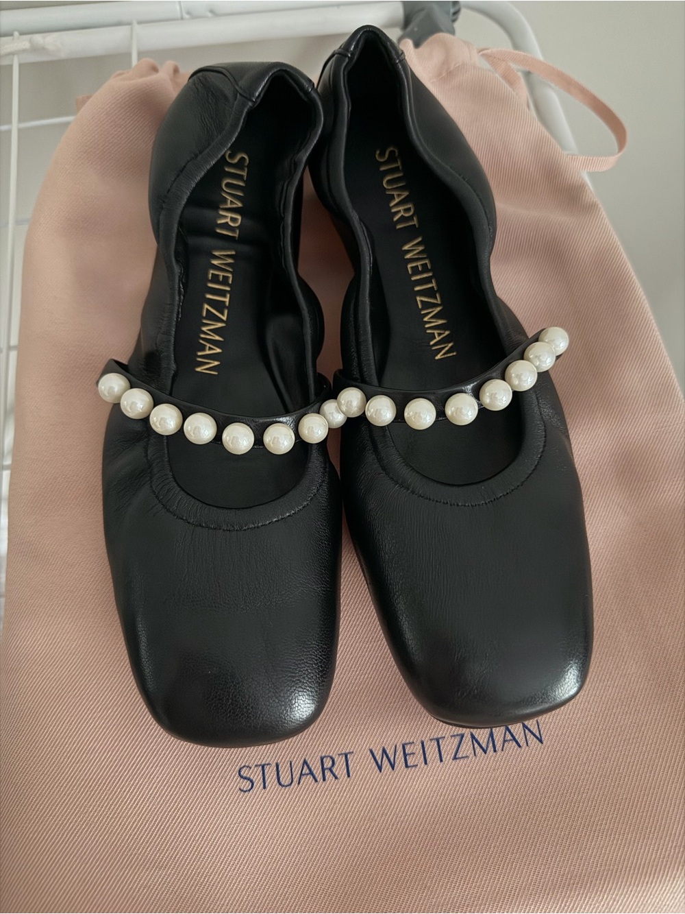Stuart Weitzman Goldie Ballerina Pearl Flats in Black Leather